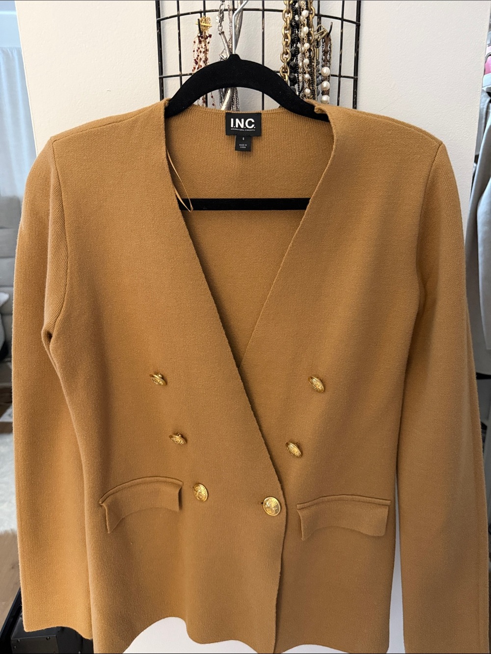 INC International Concepts Double-Breasted Camel Blazer with Gold Buttons